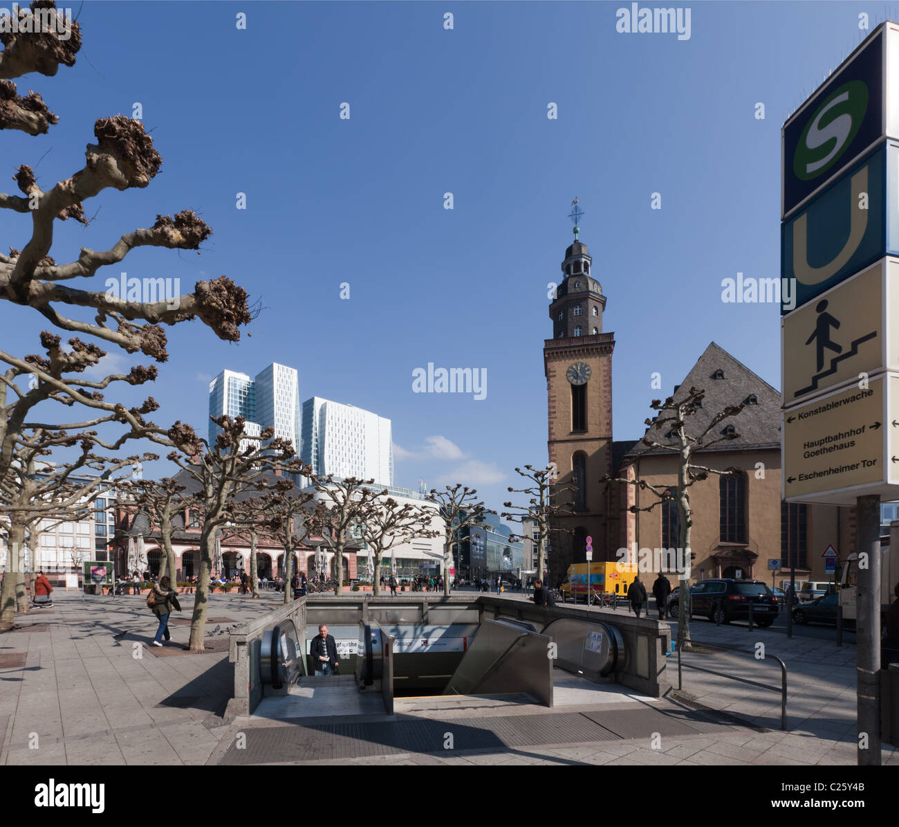 Hauptwache in Frankfurt with an S-bahn and U-bahn station entrance. This is the main retail area of Frankfurt Stock Photo