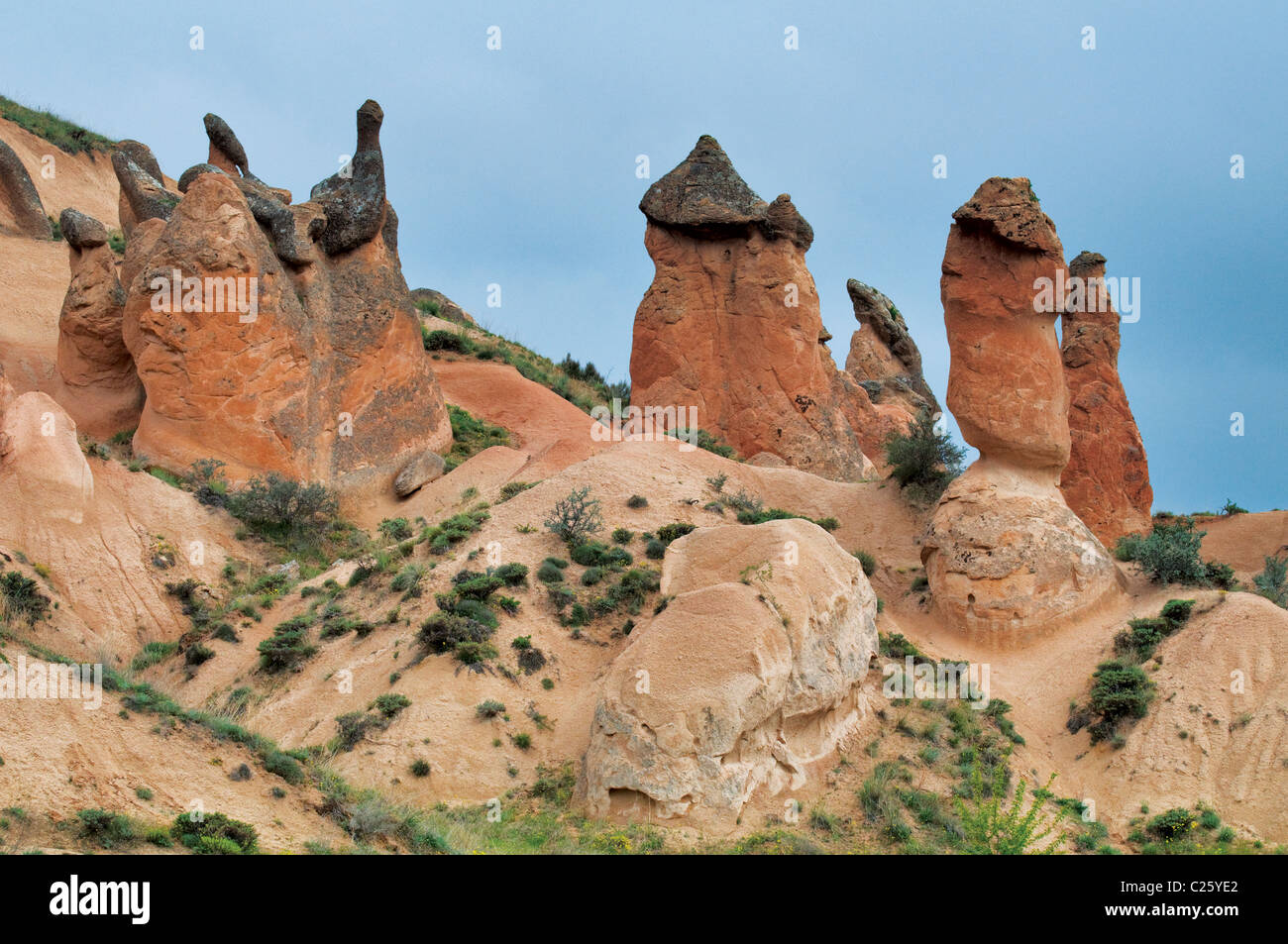 Rocks of freakish outlines in Cappadocia. Stock Photo