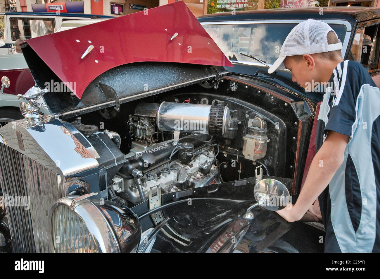 Under the hood of 1948 Rolls-Royce Silver Wraith at Rolls-Royce & Bentley Club meeting in Świdnica, Lower Silesia, Poland Stock Photo