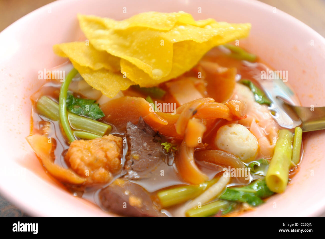 Yen Ta Fo ( Noodle with salted soya bean sauce) , thai noodle speciality dish, thai chinese delicacy Stock Photo