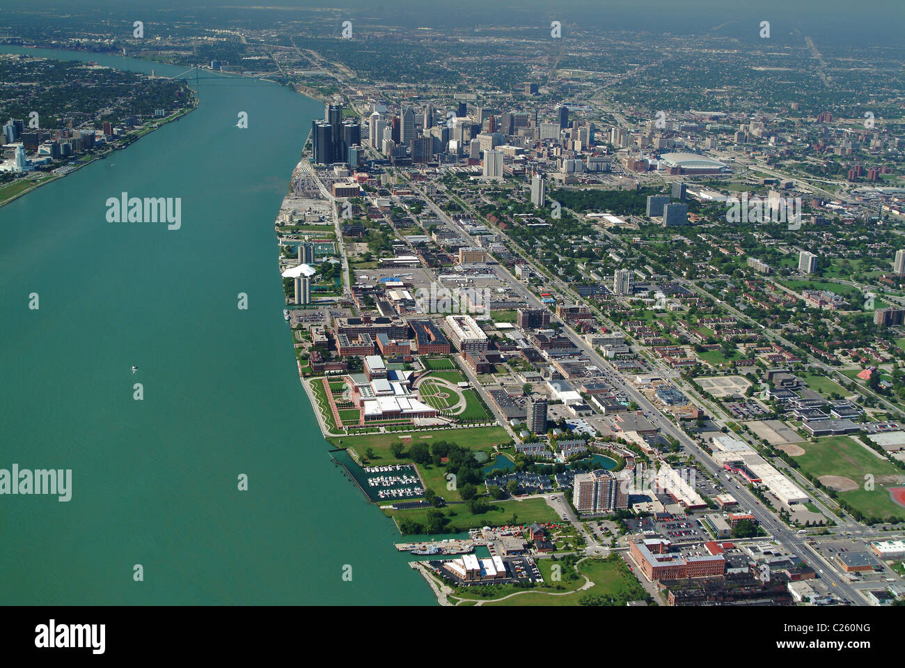 Aerial view of downtown Detroit Michigan and Detroit River USA Stock Photo