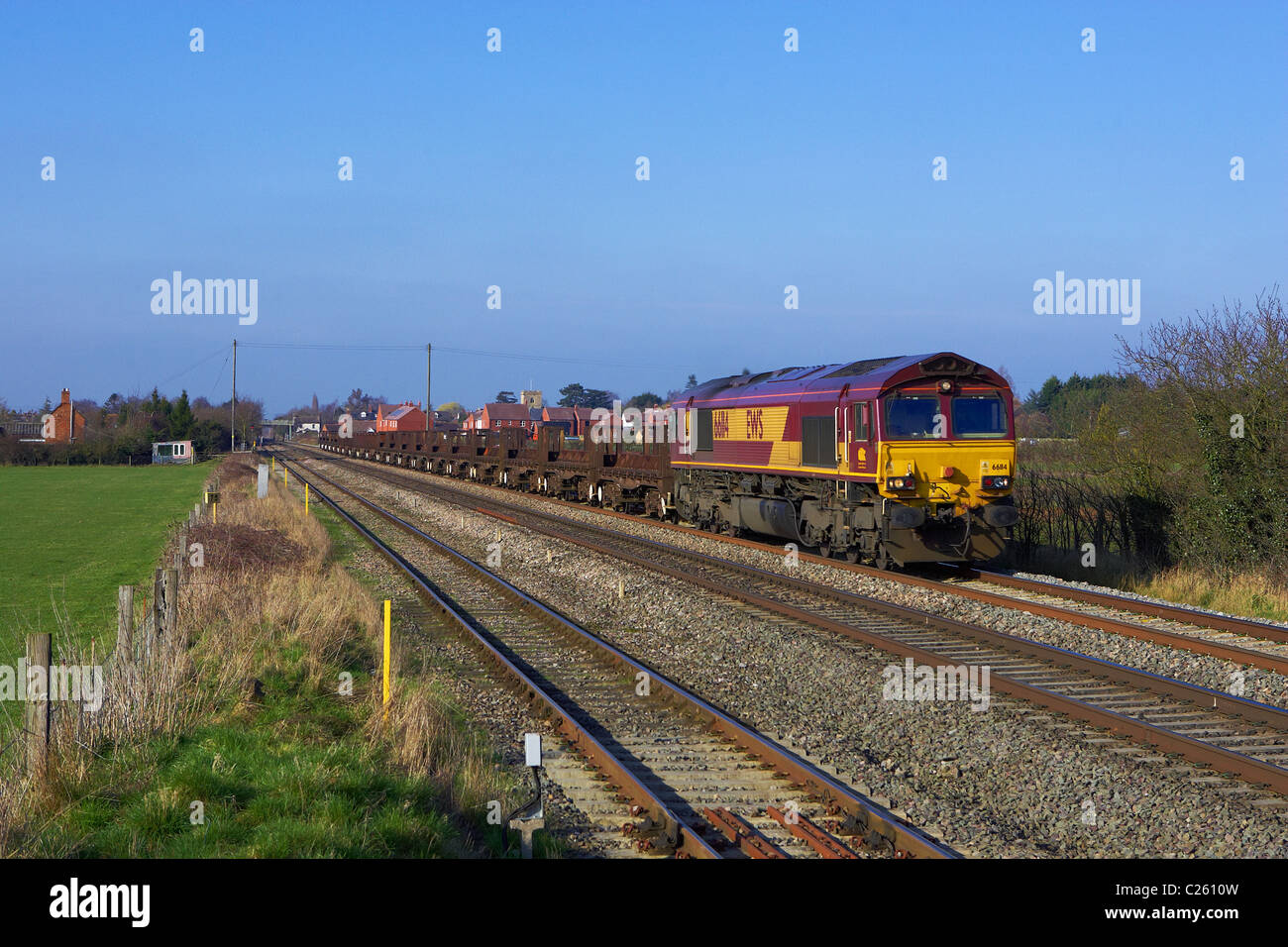 DSB 66114 heads through Eckington with 6V92 Corby - Margam emtpy steel on 4/3/11. Stock Photo