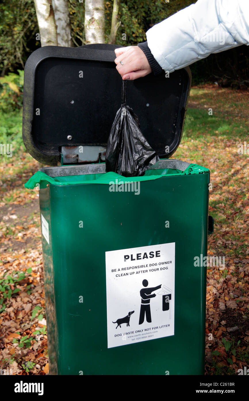 A bag of dog poo being deposited in a path side dog bin in Black Park Country Park, Wexham, UK. Stock Photo