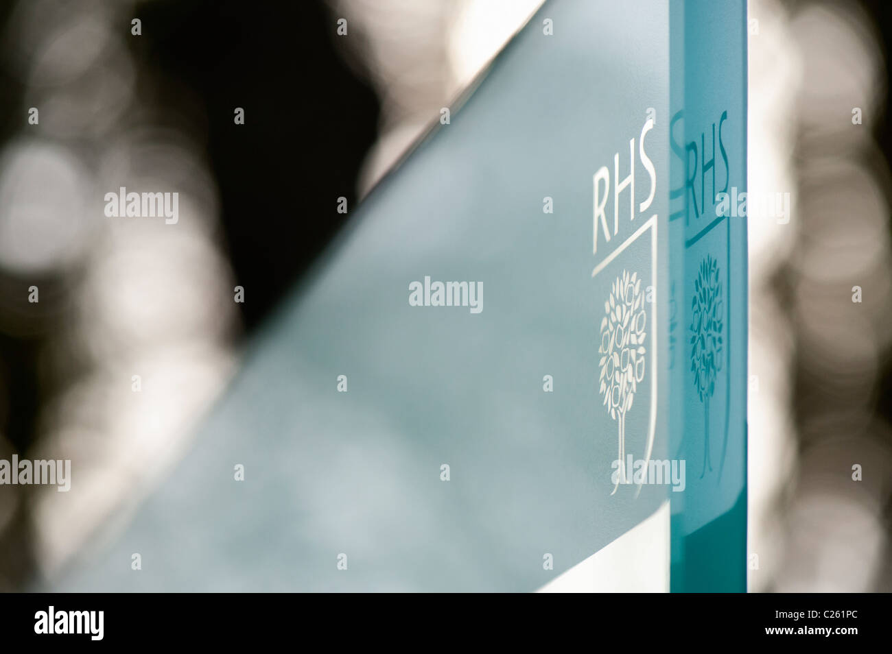RHS logo etched onto a glass panel. RHS Wisley gardens, England Stock Photo