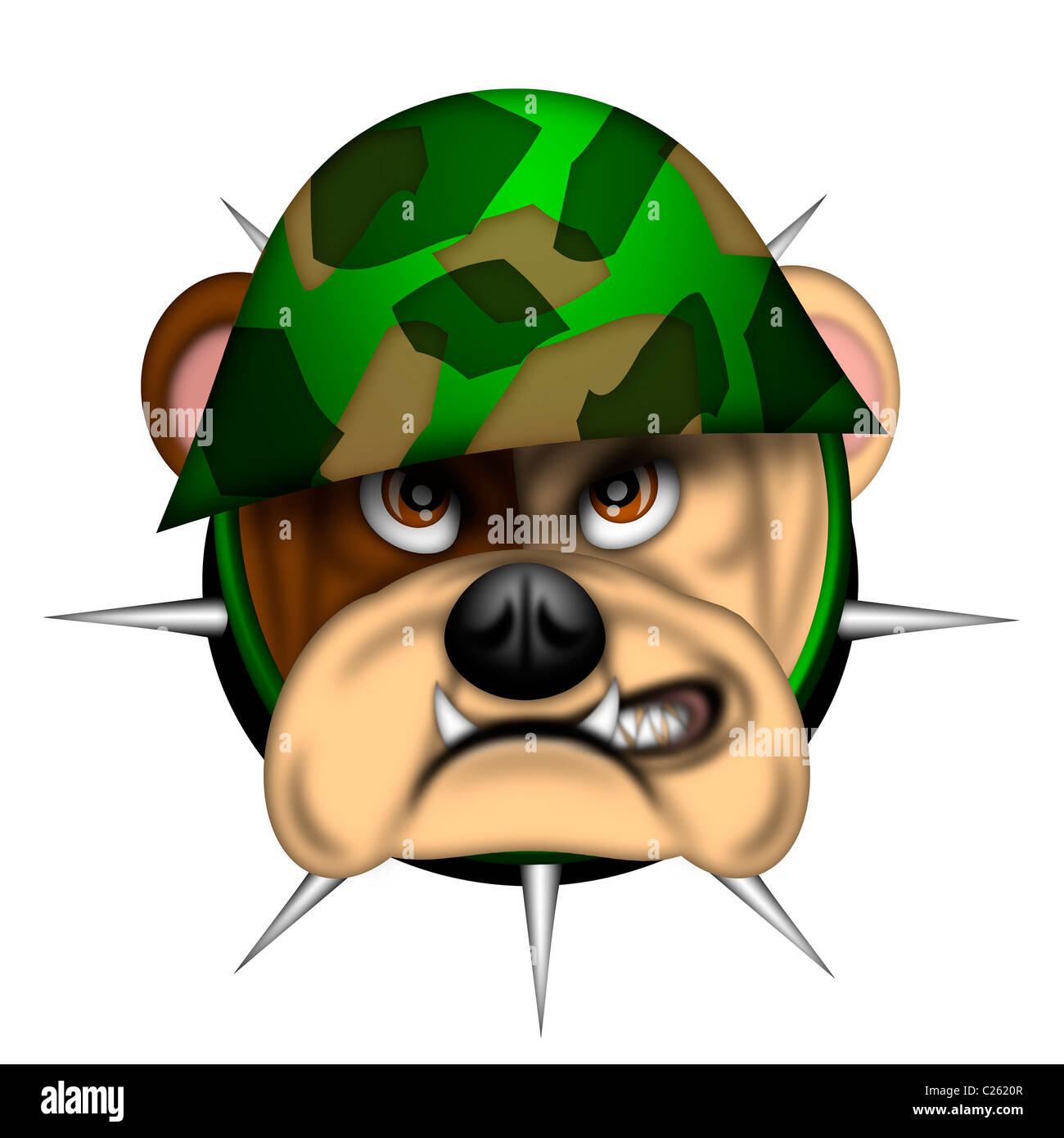 English Bulldog Head with Army Helmet Isolated Illustration Stock Photo