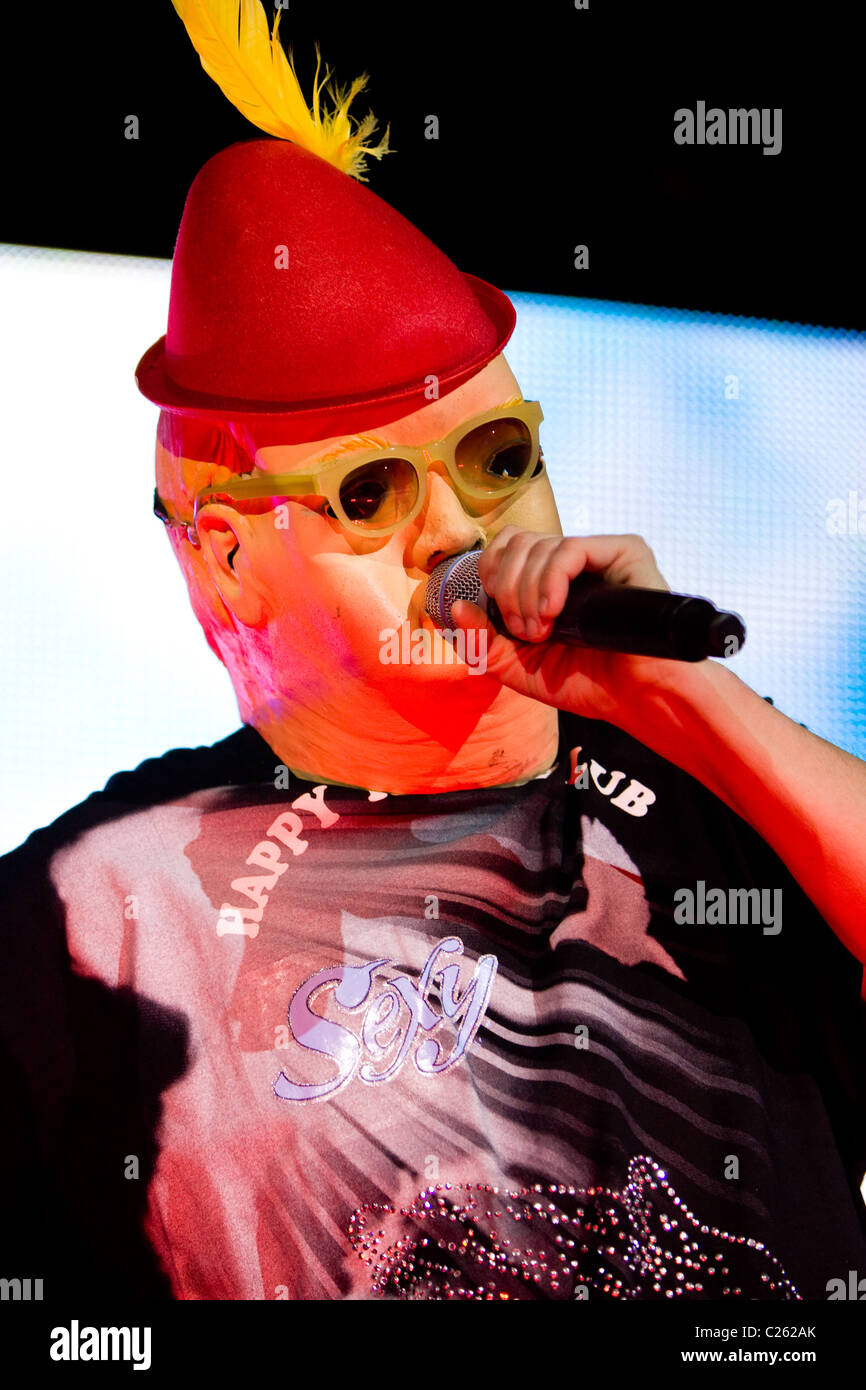 Rock Band DEVO character Booji Boy performing live in concert Stock