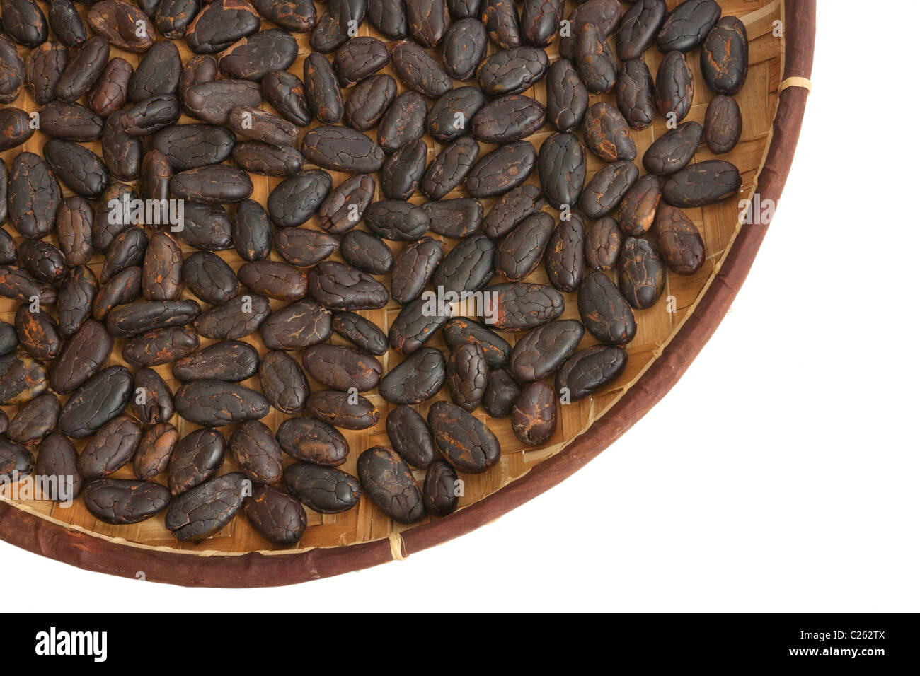 Cocoa beans from Madagascar in craft basket isolated on white