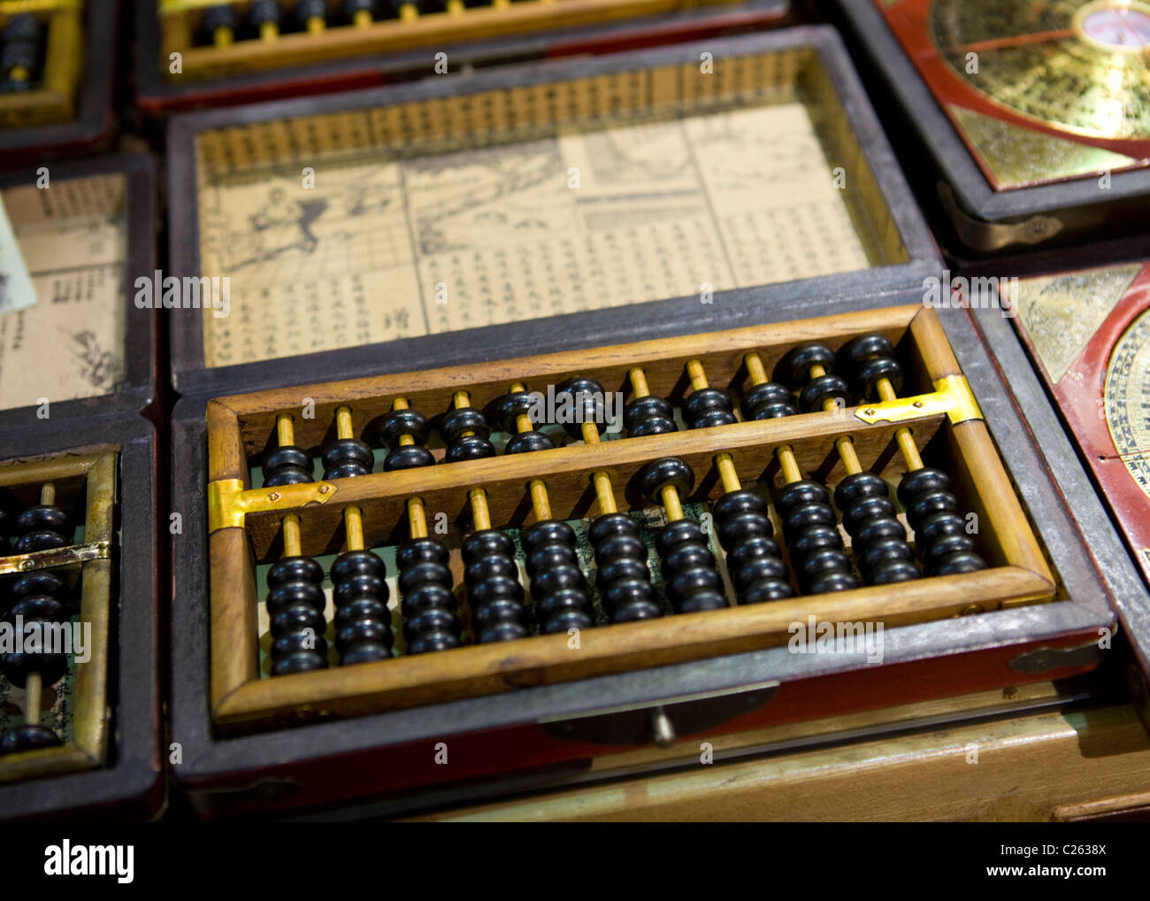Chinese abacus in wooden box Stock Photo