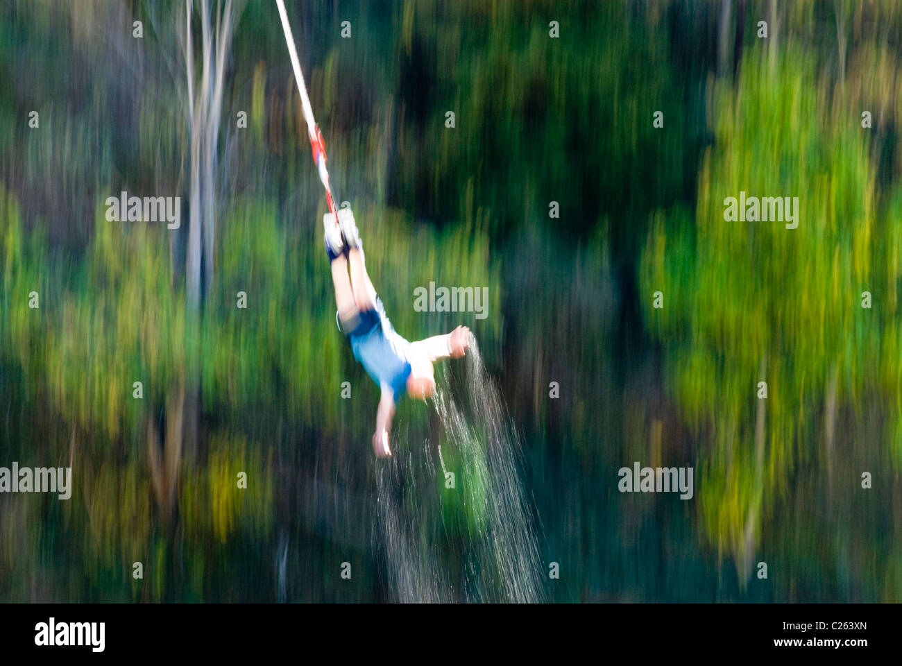 Bungy jumper trailing water from a dip in the Kawarau River (AJ Hackett