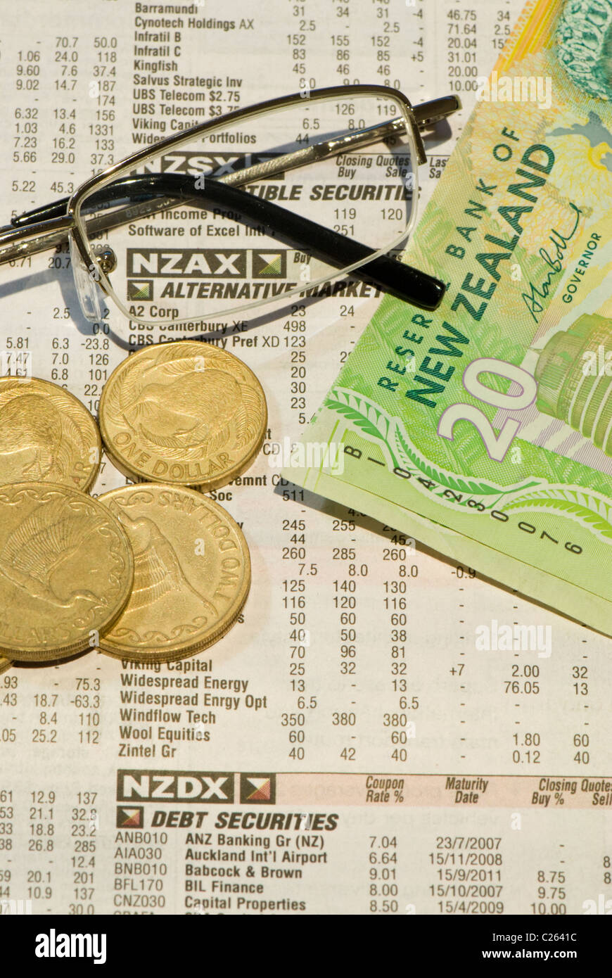 New Zealand Financial Pages With Glasses And Currency Stock Photo - Alamy