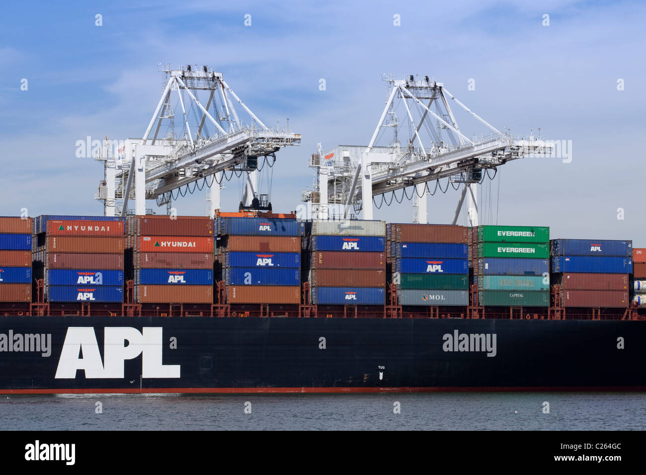 An APL container ship getting loaded - San Francisco, California USA Stock Photo