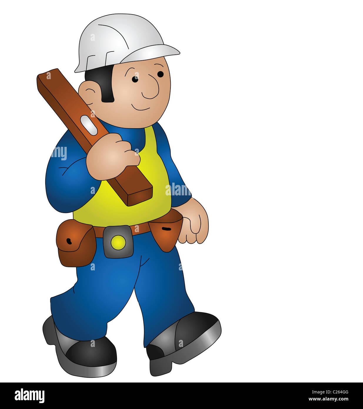 Cartoon construction worker wearing personal protection equipment for
