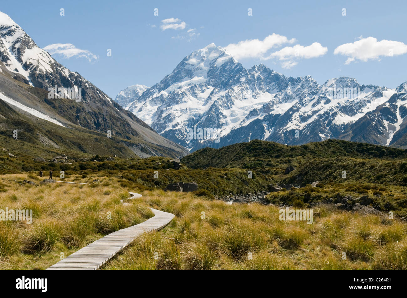 Baordwalk through the Hooker Valley, Mt Cook in the background, South Island of New Zealand Stock Photo