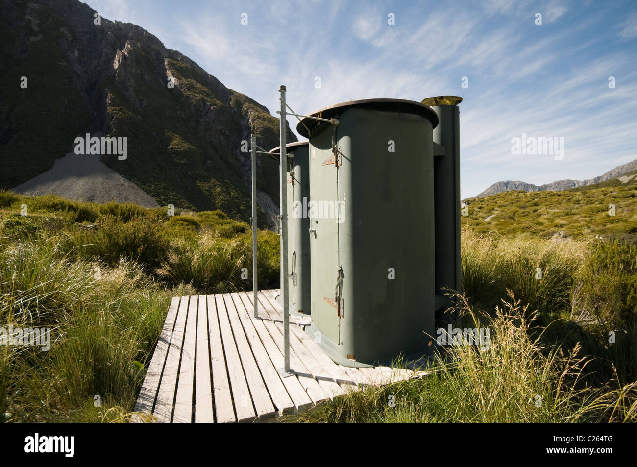 DOC 'long drop' toilets by the Stocking Stream shelter in the Hooker Valley, South Island of New Zealand Stock Photo
