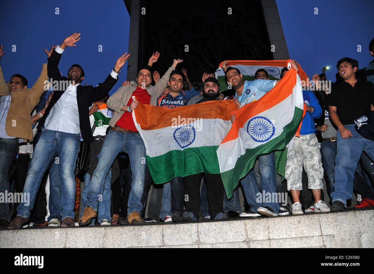 Indian cricket fans celebrating winning cricket world cup Trafalgar square London Stock Photo