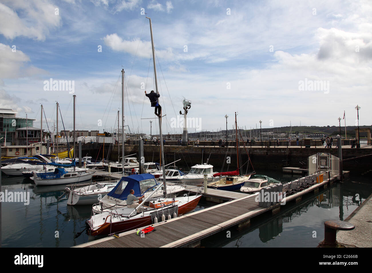 Man repairing the rigging on the mast of a yacht in the harbour at the