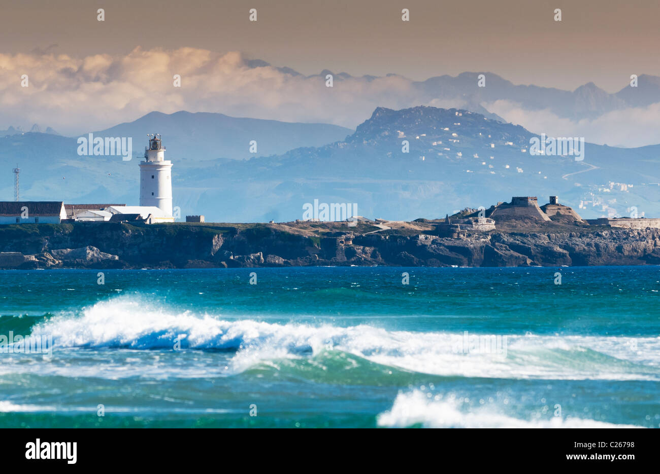 Tarifa with Morroco in the background, Cadiz, Andalusia, Spain. Stock Photo