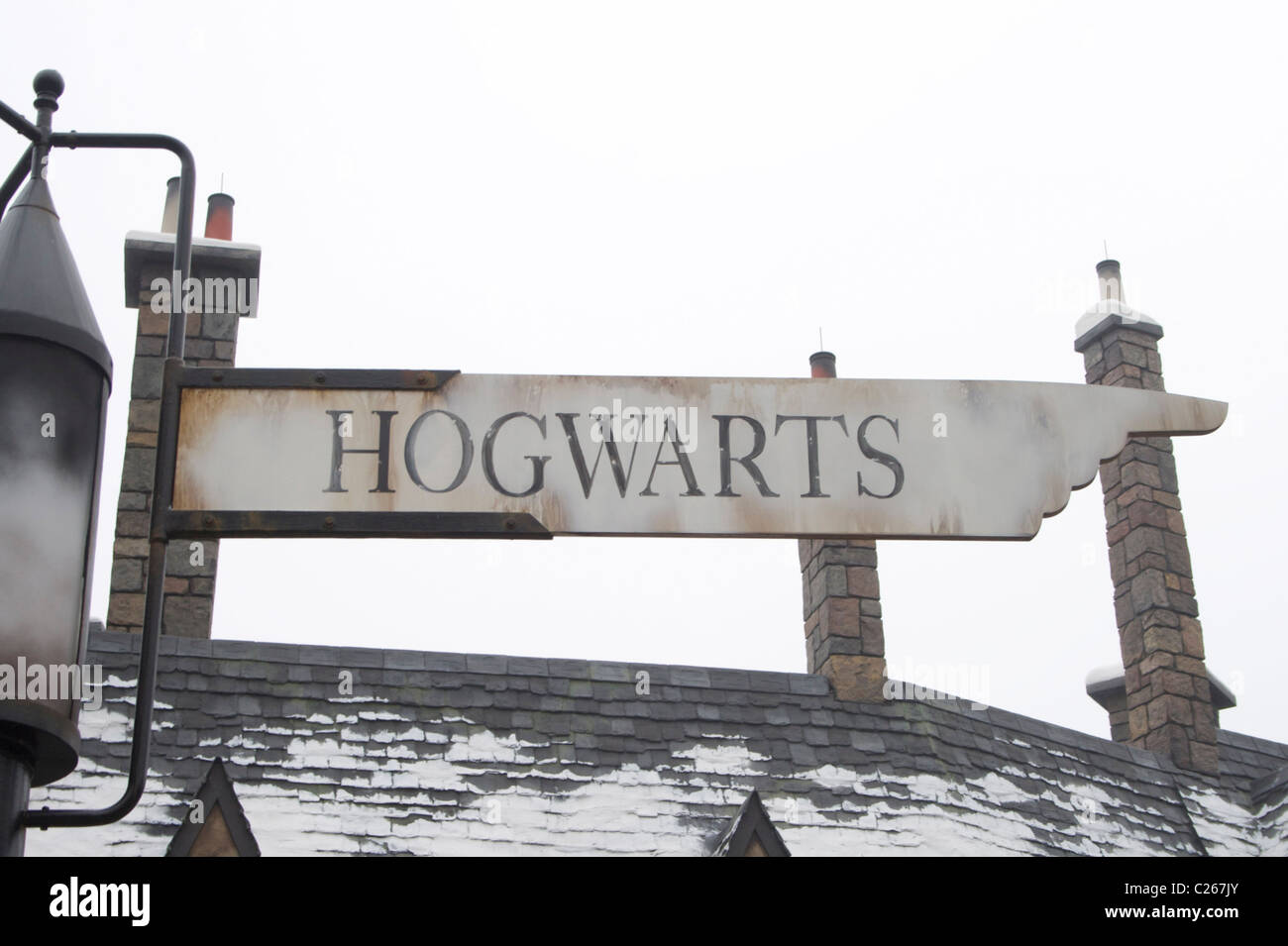 Hogwarts sign post at the Wizarding World of Harry Potter Stock Photo
