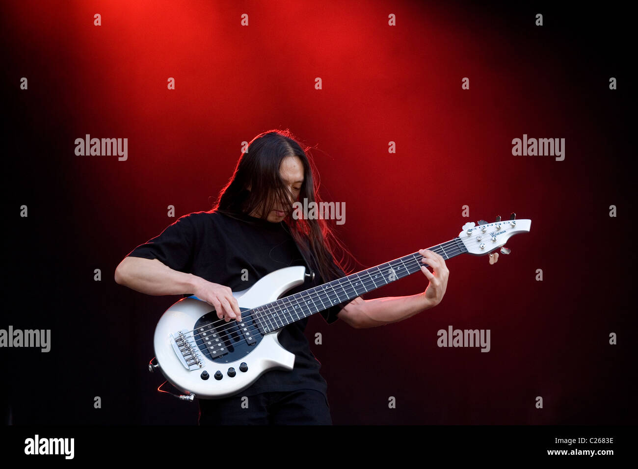 Bassist John Myung plays with Dream Theater on the Main Stage at Download Festival in Castle Donnington, Leicestershire. Stock Photo