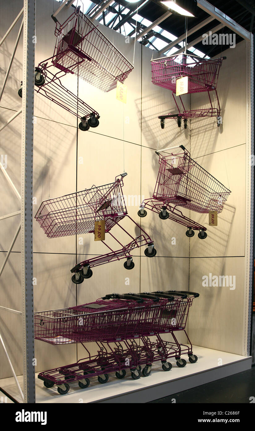 Shopping carts, for supermarkets, shops. Trade show for shop design and merchandising. Stock Photo