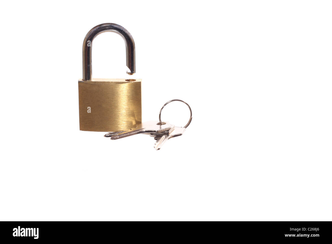 Small open lock and key isolated on white with clipping path. Key is ready to open the lock in