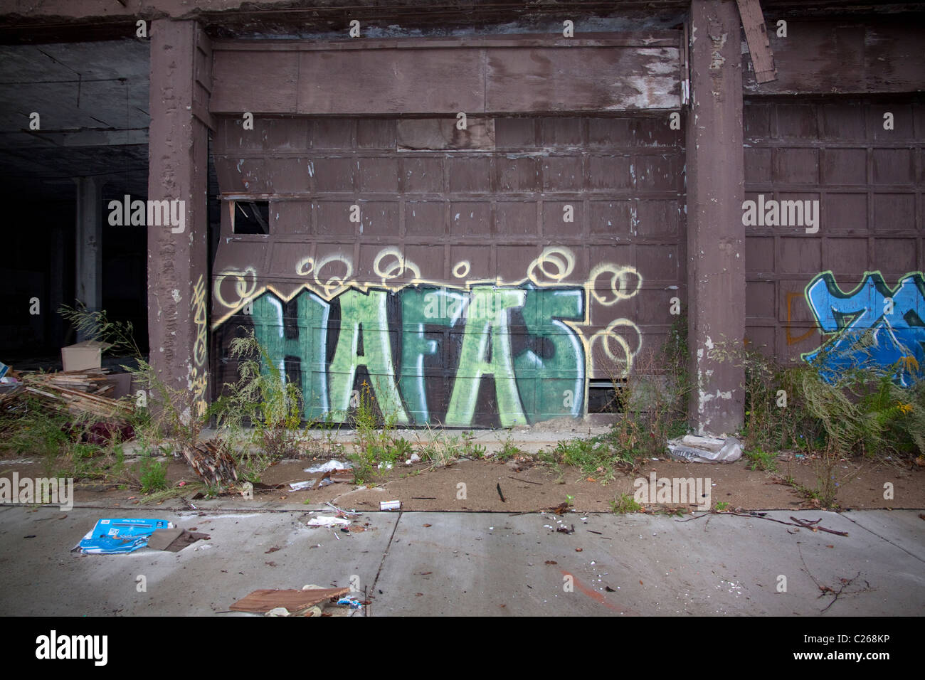 Graffiti on vacant building East side of Detroit Michigan USA Stock Photo