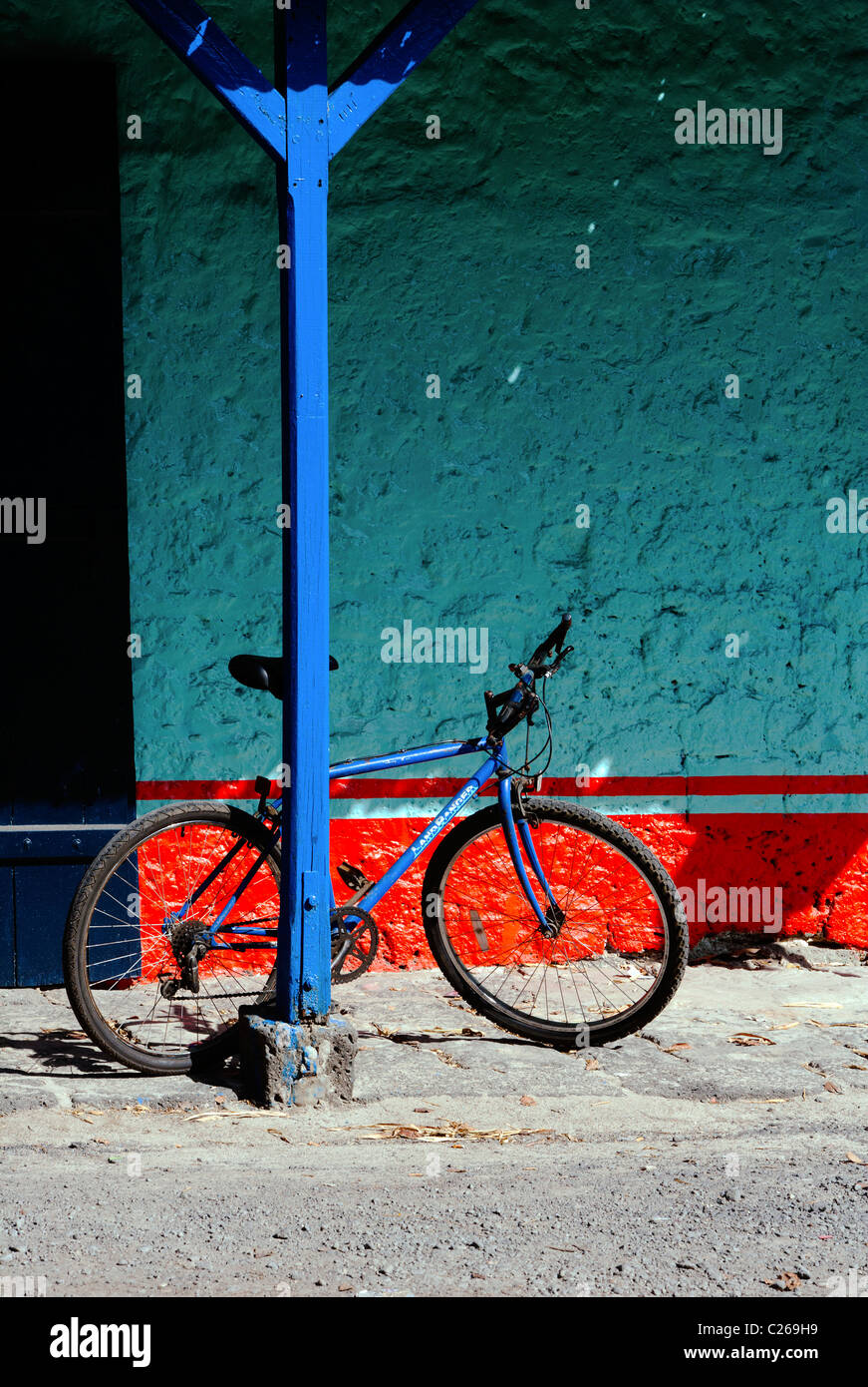 Supernmarket and bicycle, Cap Malheureux, Mauritius. Stock Photo