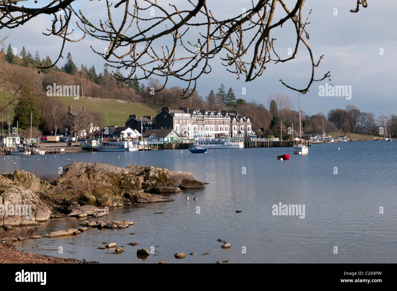 The ferry terminal and Youth Hostel at the northern end of Windermere. Windermere is England’s largest lake Stock Photo