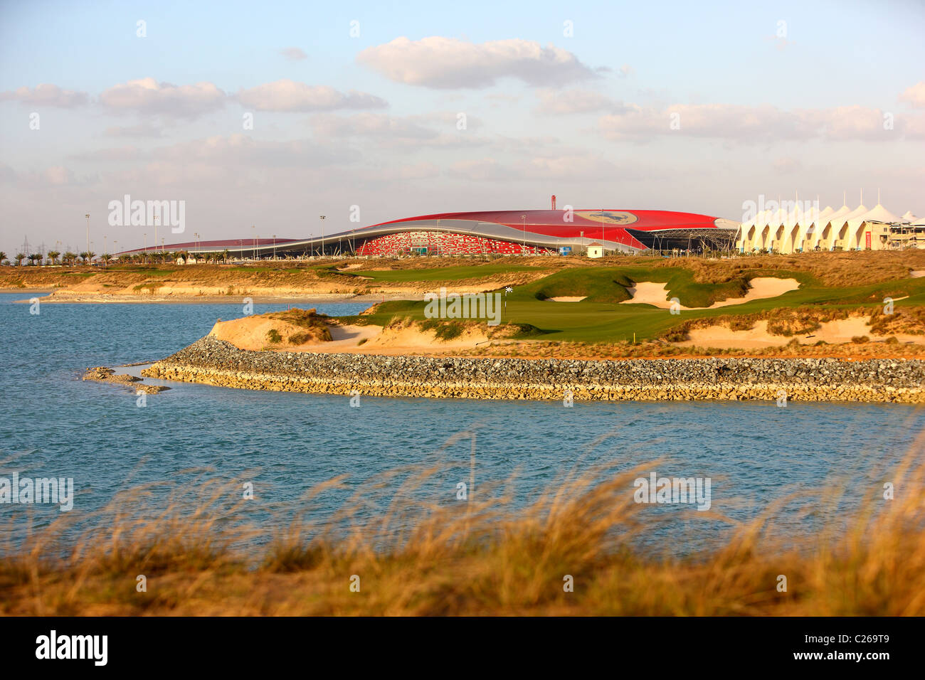 Yas-Links golf course on Yas island, opposite of Abu Dhabi Fromula One race track, a traditional links course. Opened in 2010. Stock Photo