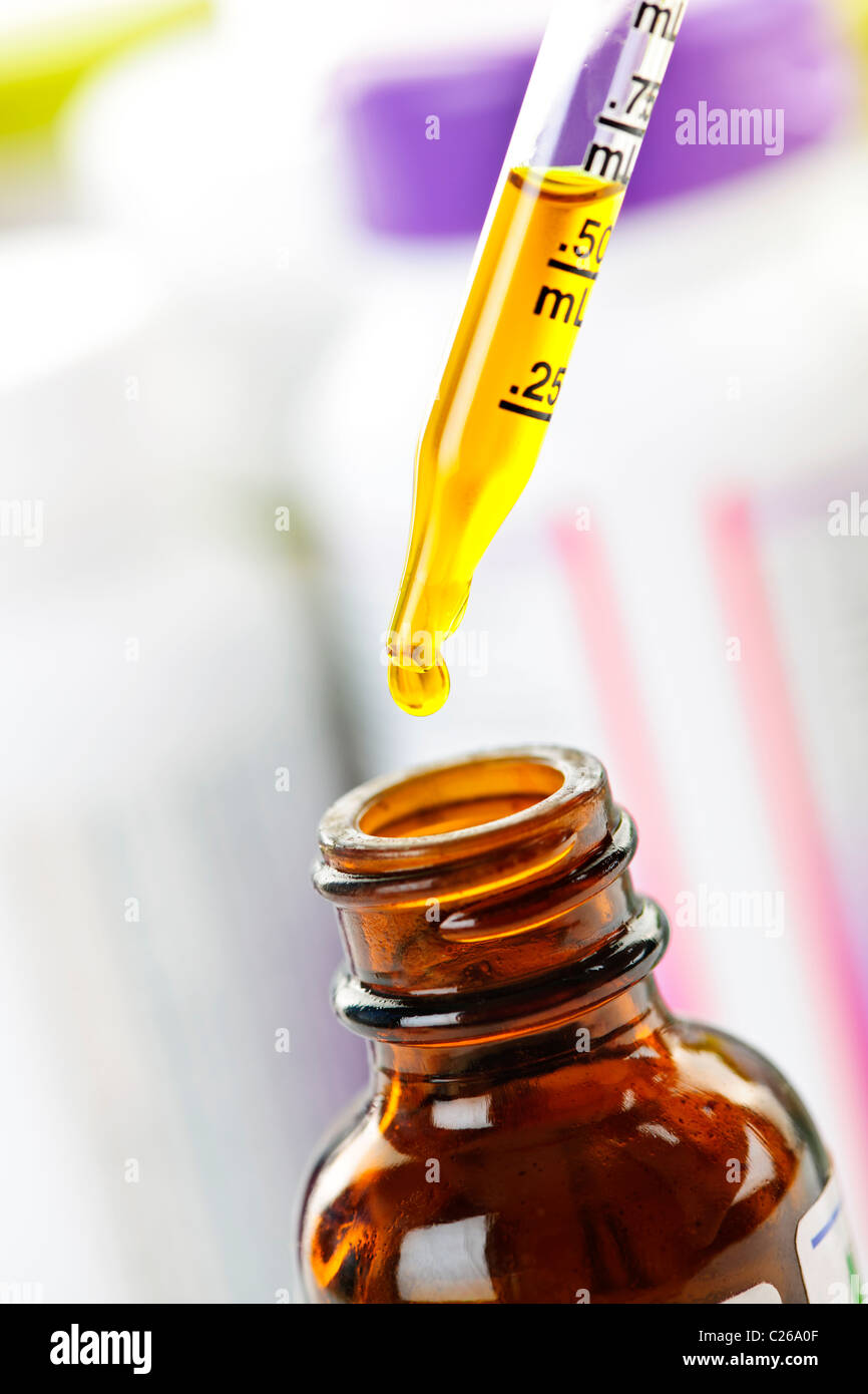 Closeup of liquid medicine in glass dropper and bottle Stock Photo