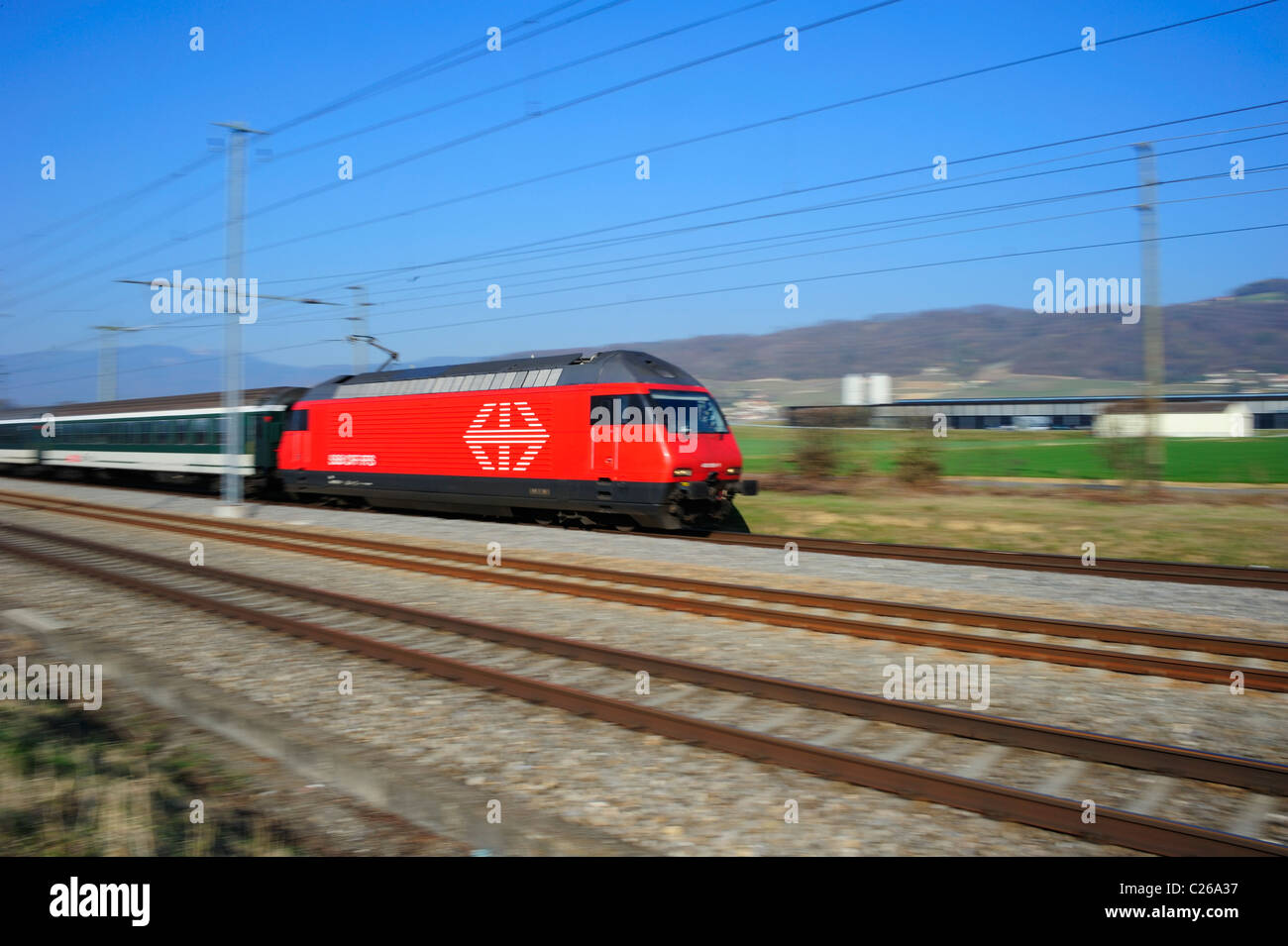 A Swiss inter-city train. Motion blur used to give sense of speed. Stock Photo