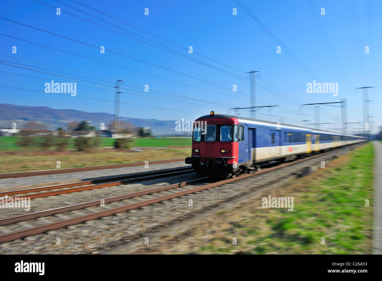 A Swiss suburban train. Motion blur used to give sense of speed. Stock Photo