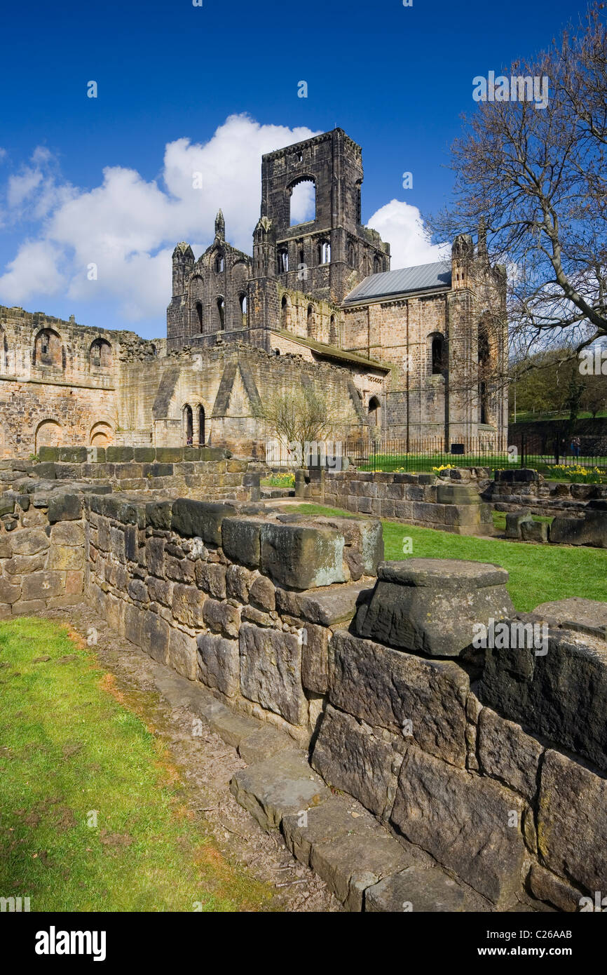 The ruins of Kirkstall Abbey a Cistercian Monastery shot in Spring sunshine Kirkstall Leeds West Yorkshire UK Stock Photo