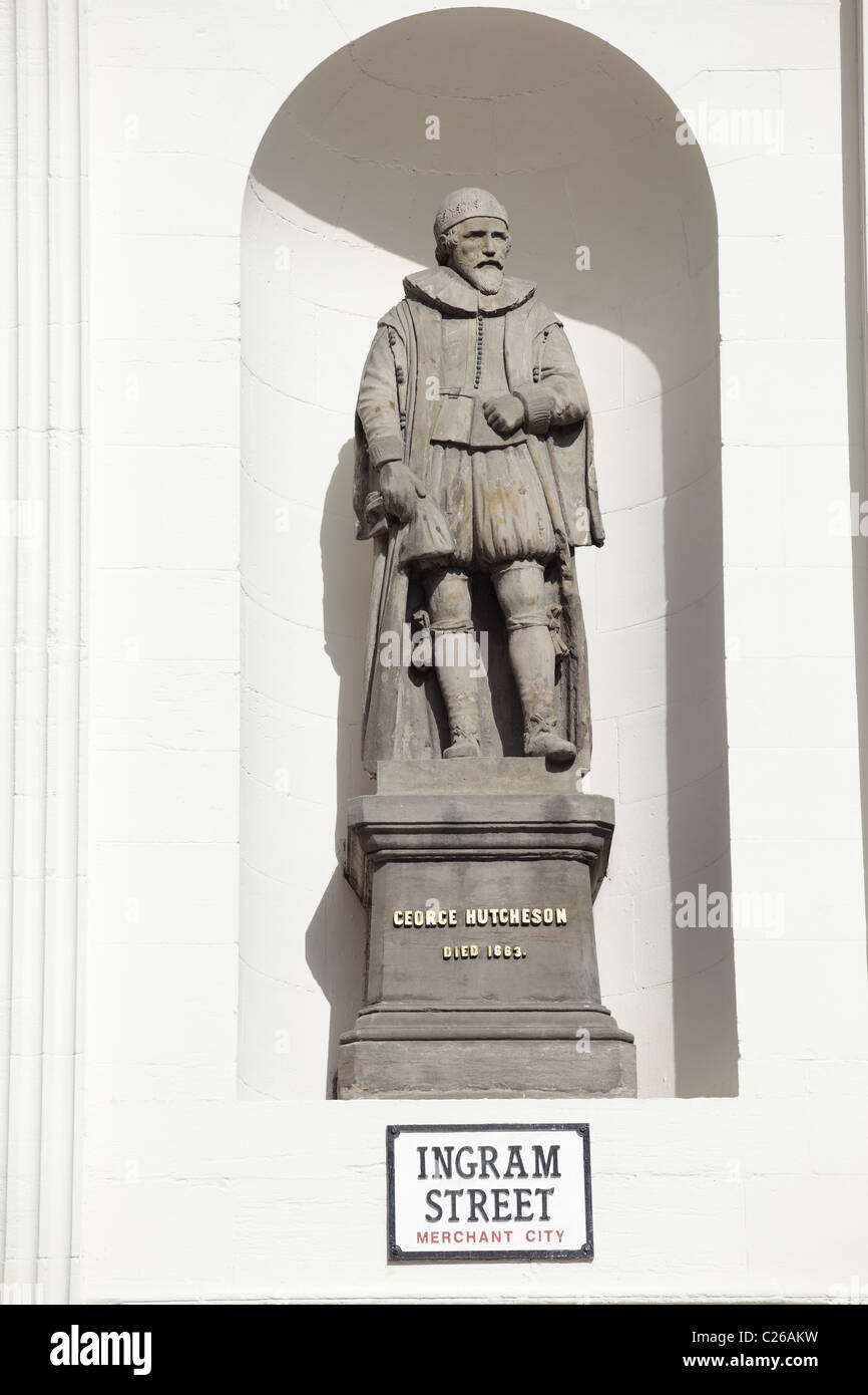 Statue of George Hutcheson on Hutcheson Hall, Merchant City, Ingram Street, Glasgow, Scotland, UK Stock Photo