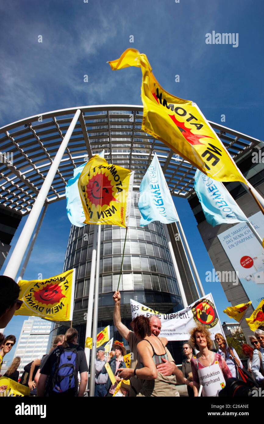 Anti atomic power demonstration, in front of Germany's leading power company headquarter,  RWE in Essen, Germany. Stock Photo