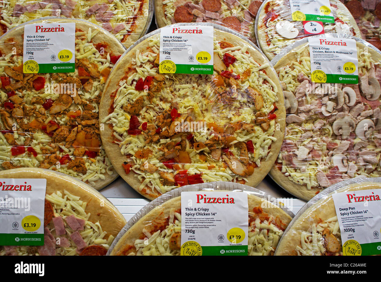 Ready made Pizzas in a Morrisons store, UK Stock Photo