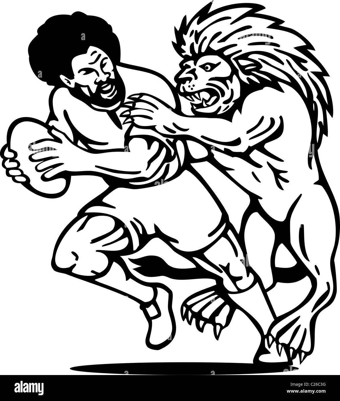 illustration of a Rugby player running with ball attack by lion done in black and white Stock Photo
