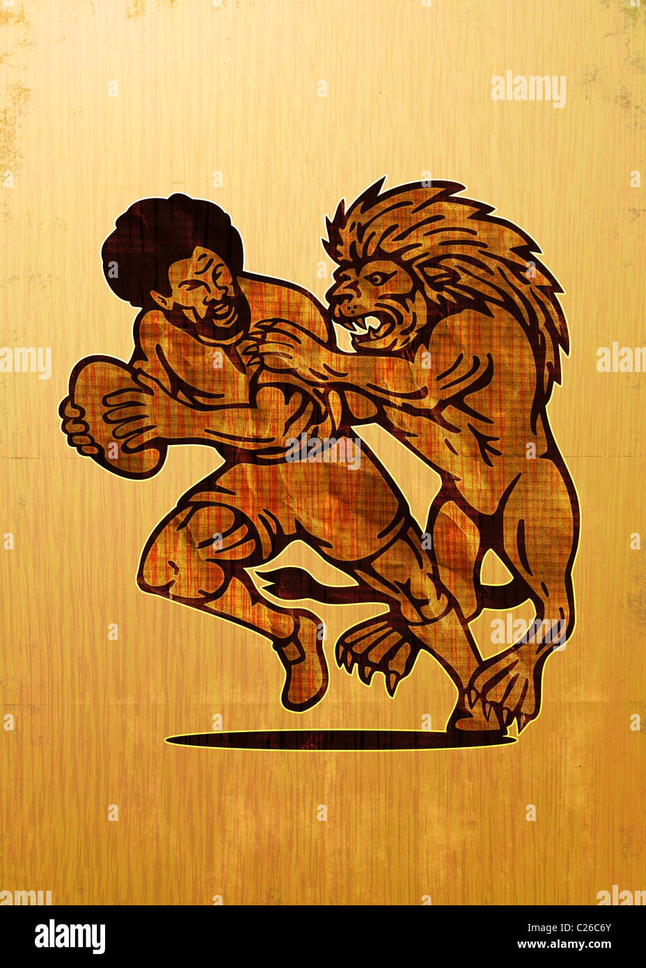 illustration of a Rugby player running with ball attack by lion with grunge and wood grain texture background Stock Photo