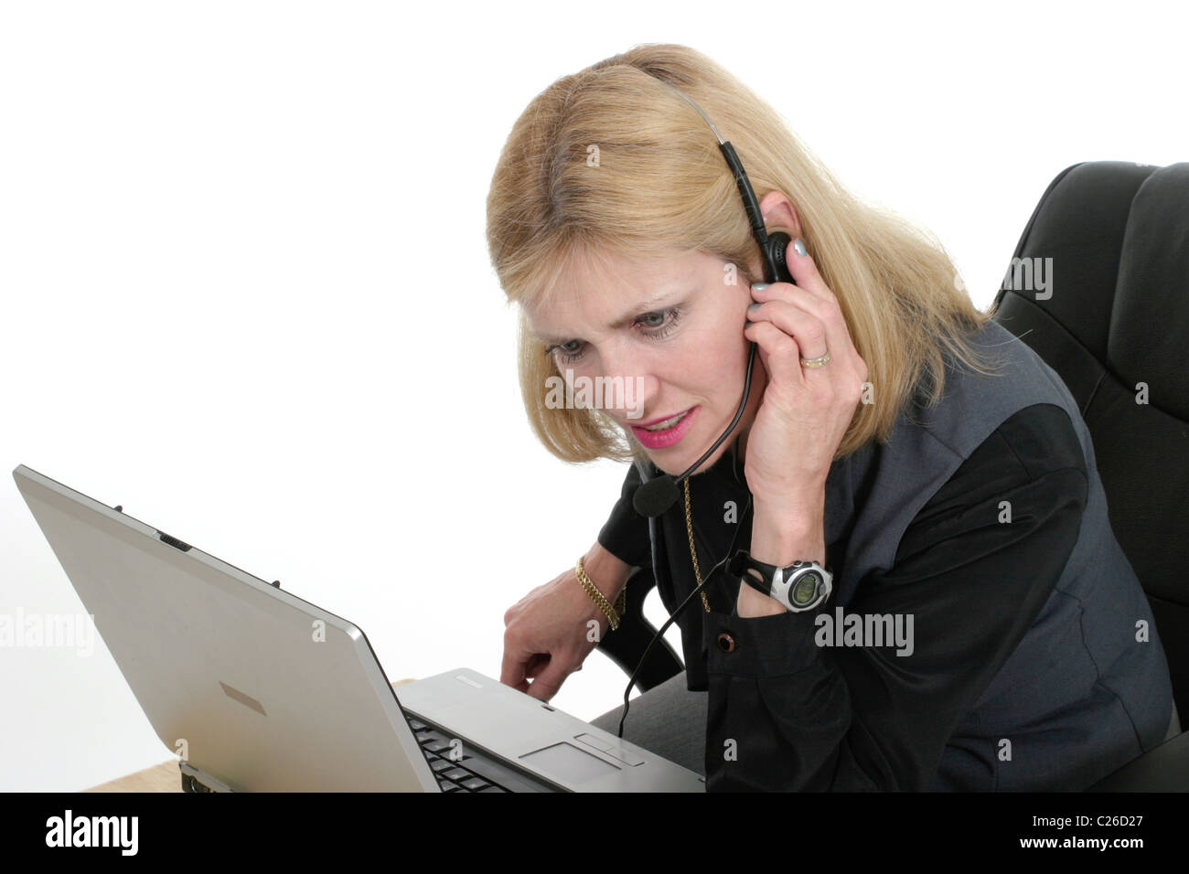 Attractive and very attentive customer service operator representative