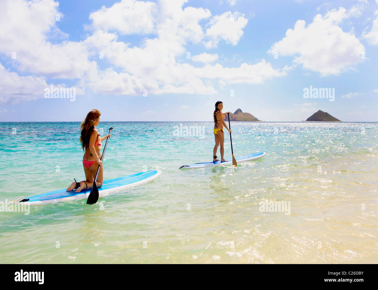 young japanese women in bikinis with their paddle boards in Hawaii