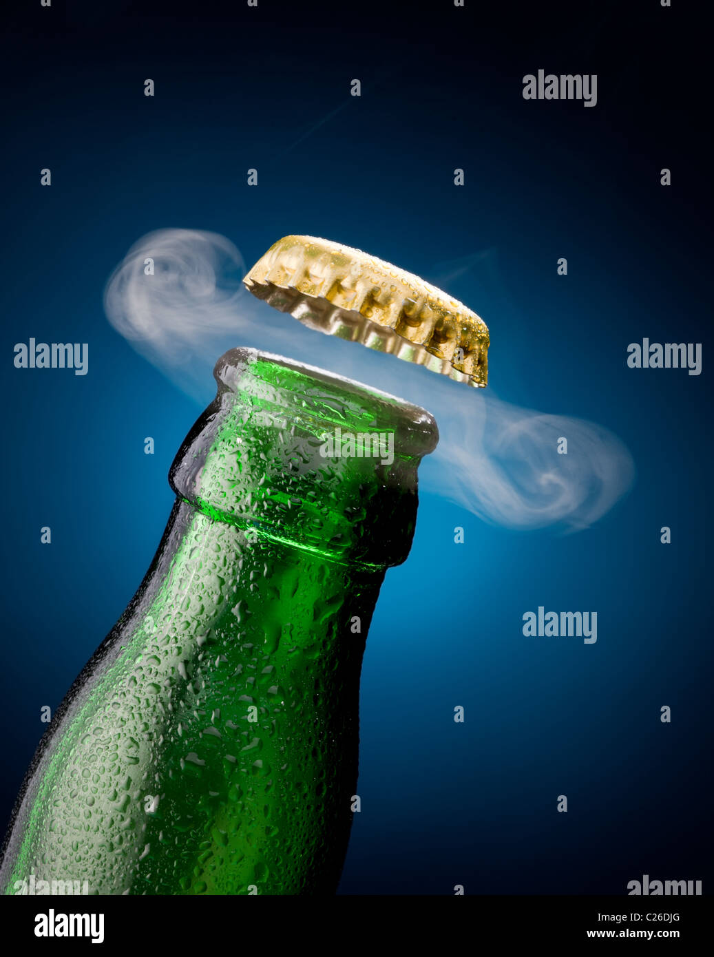 Opening of beer cap with the gas output Stock Photo Alamy
