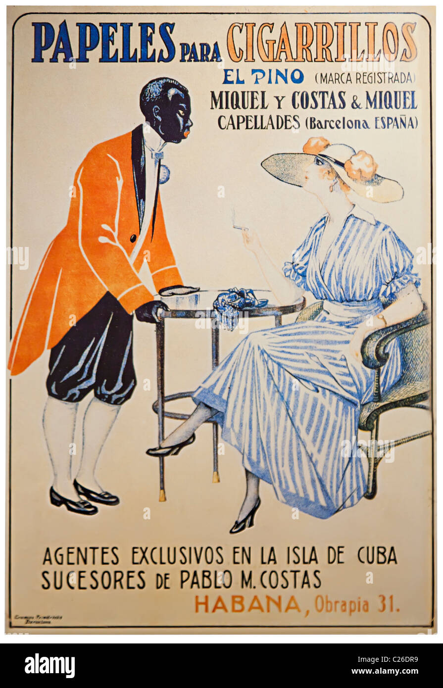 Woman smoking cigarrillo with black servant in Spanish advertising
