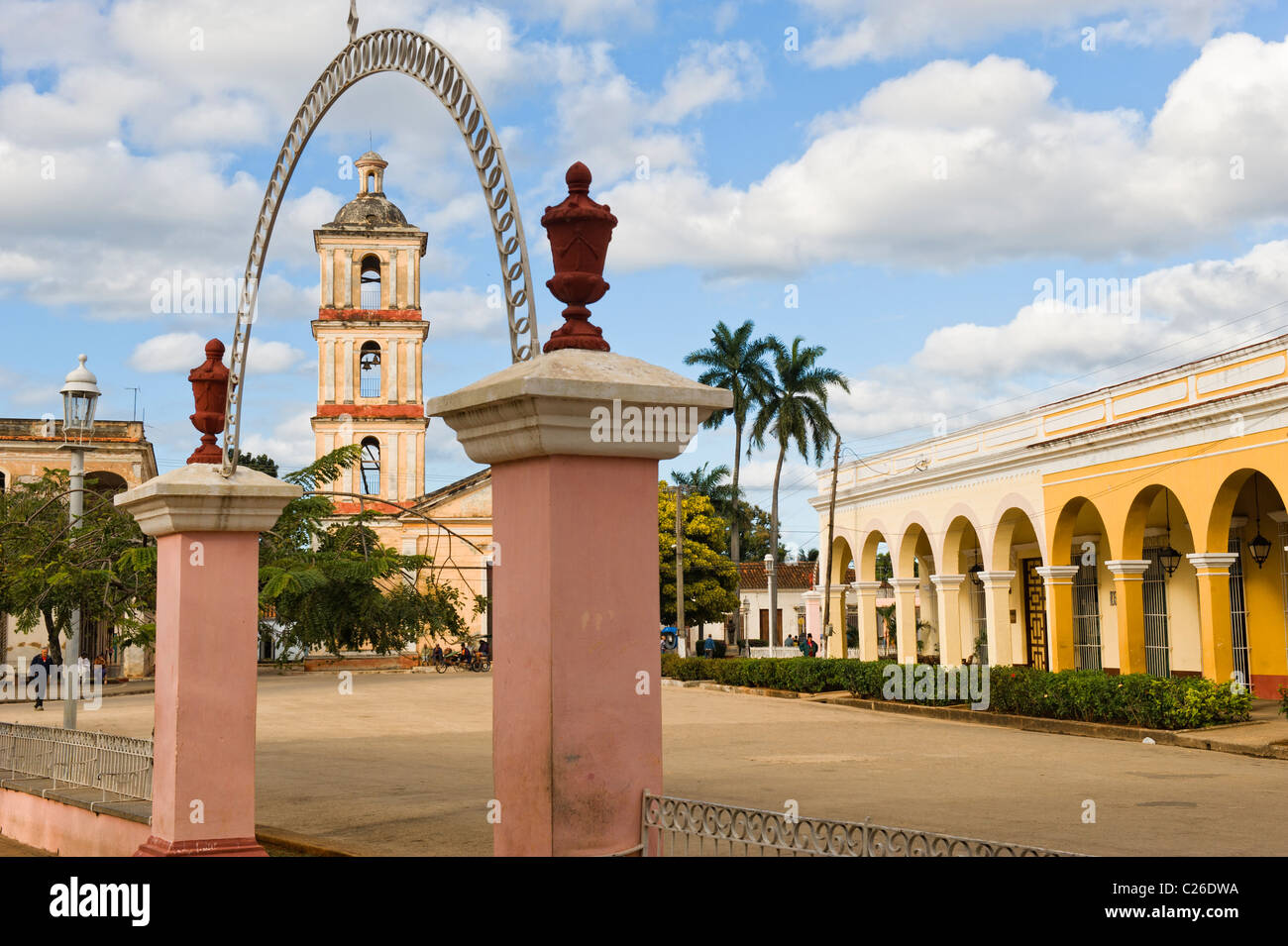 Virgen del Buen Viaje Church and Colonial Houses, Remedios,Cuba Stock Photo