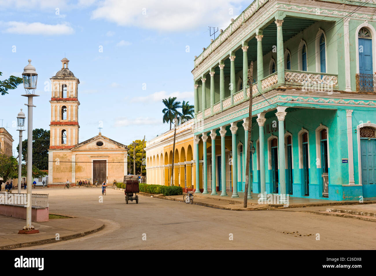 Virgen del Buen Viaje Church and Colonial Houses, Remedios,Cuba Stock Photo