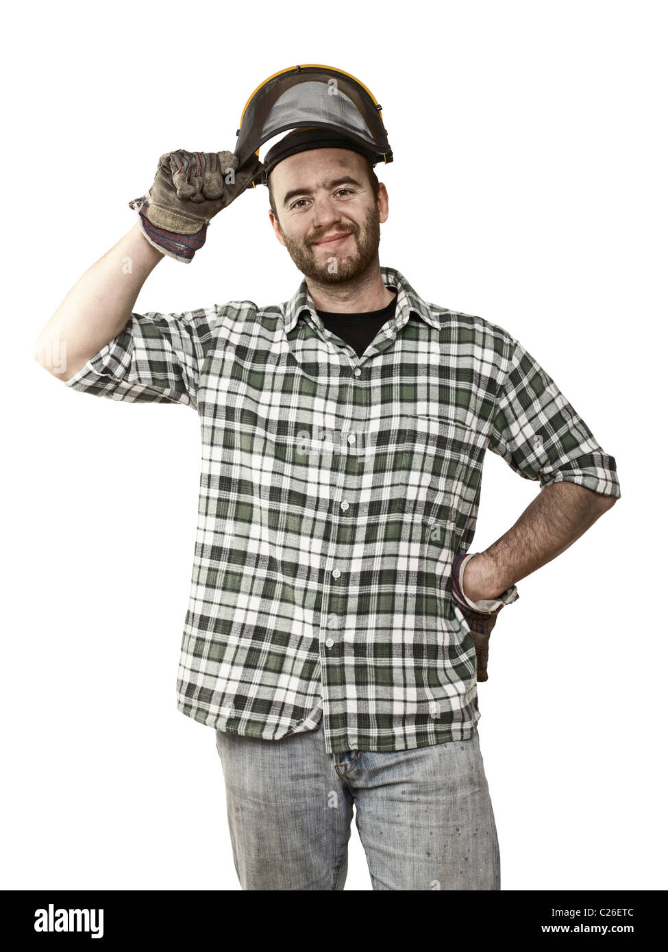 fine portrait of confident young lumberjack on white Stock Photo