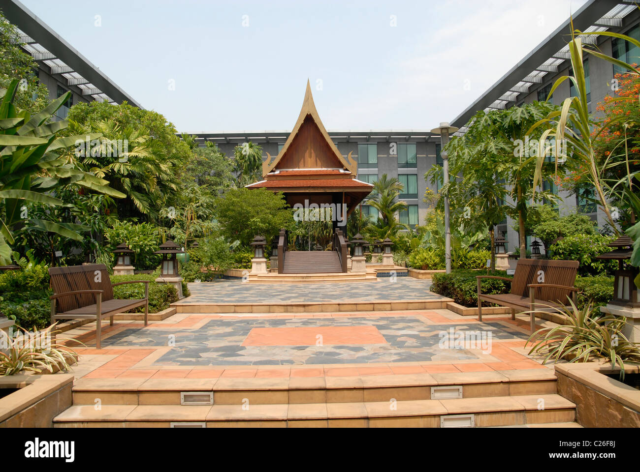 Courtyard at Hotel Novotel Bangkok Suvarnabhumi Airport Stock Photo