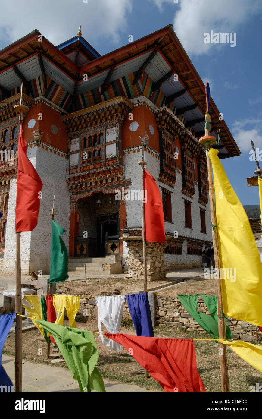 Entrance of the monastery in Ura, central Bhutan, prepared for a special visitor Stock Photo