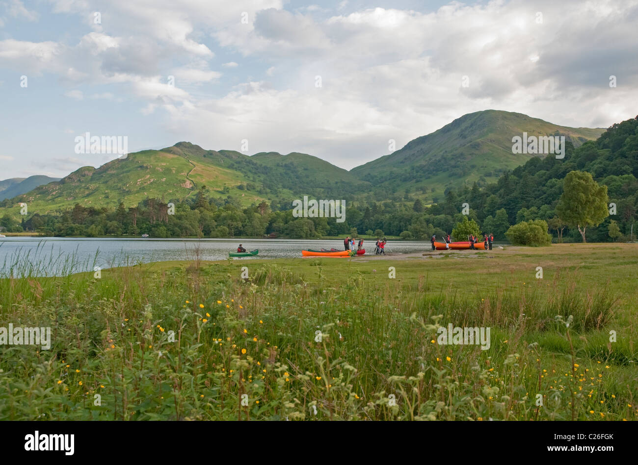 People from activity centre with kayaks at southern end of Ullswater