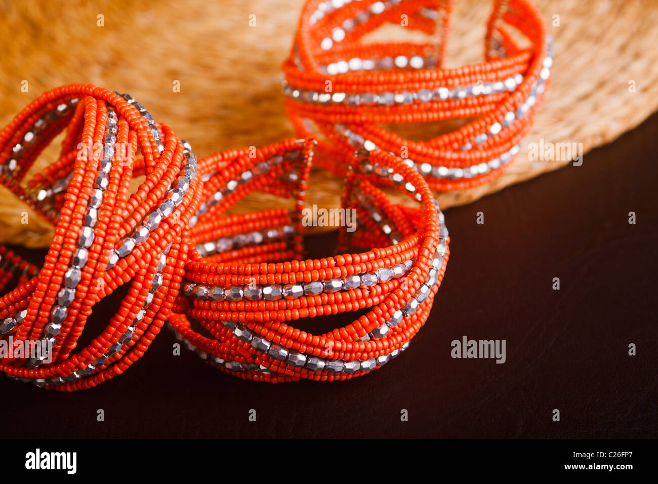 Modern Zulu beaded bracelets. In Zulu tribal tradition, jewellery worn on the wrist is known as izingusha. South Africa. Stock Photo