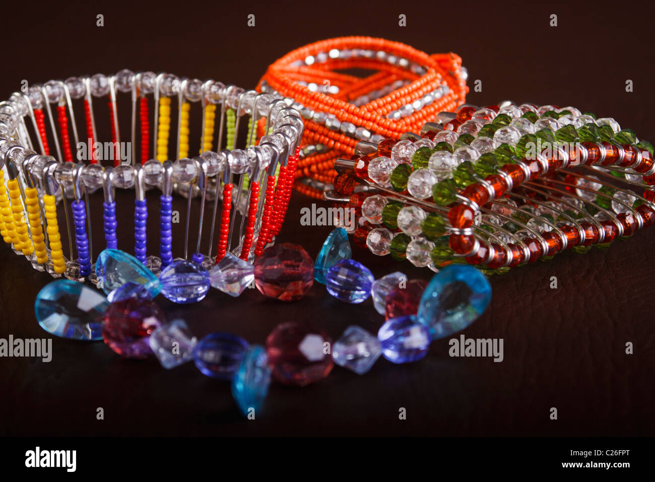 Modern Zulu beaded bracelets. In Zulu tribal tradition, jewellery worn on the wrist is known as izingusha. South Africa. Stock Photo